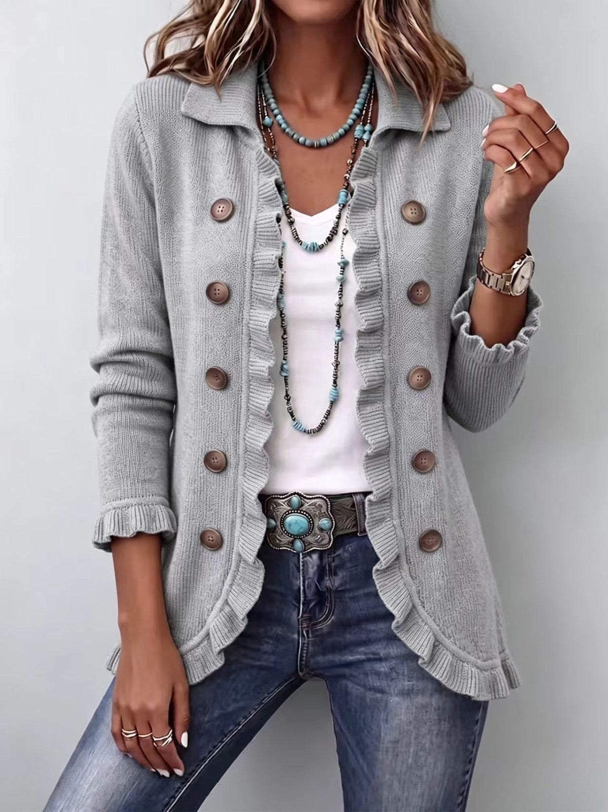 Teodora | Chaqueta gris jaspeada con volantes