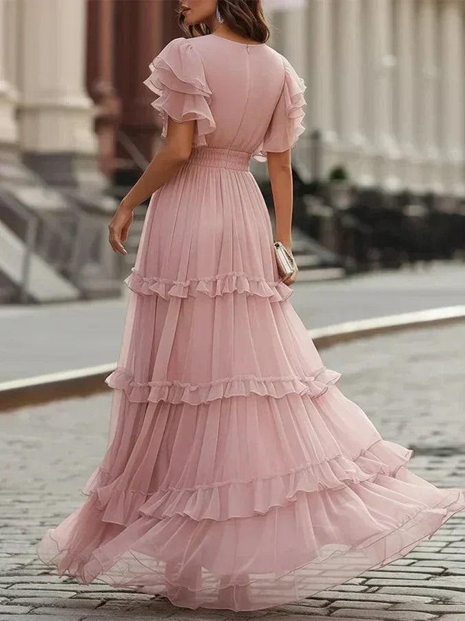 Rosalía | Vestido largo rosa empolvado con volantes
