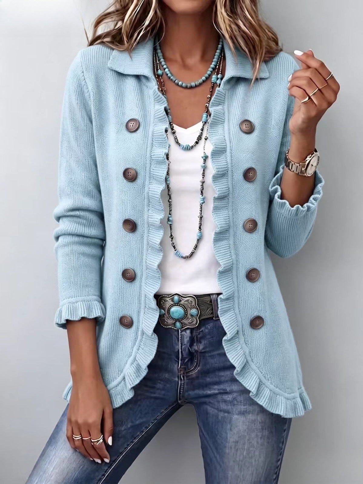 REAL | Chaqueta de punto azul empolvado con volantes