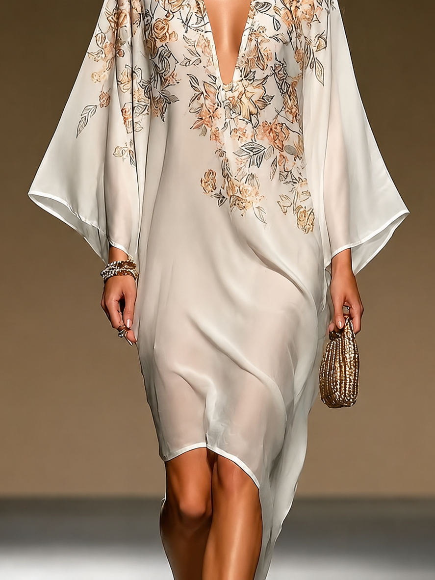 Vestido caftán beige floral de chifón