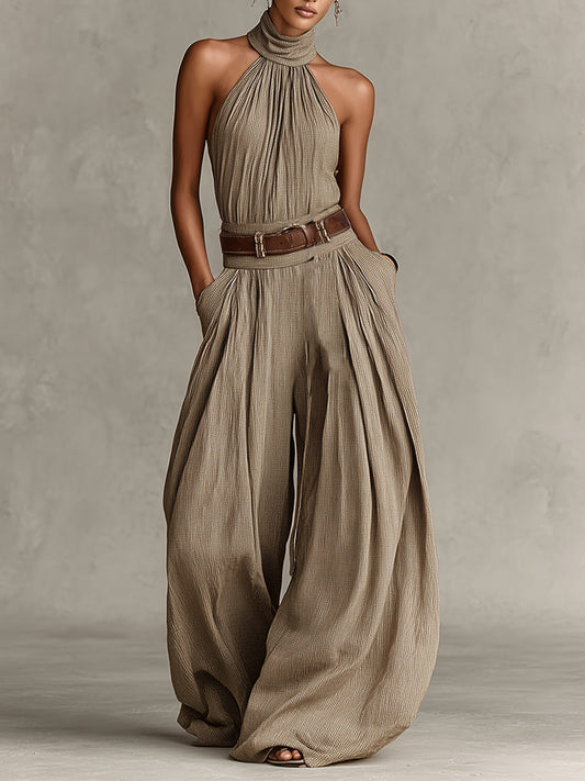 Catalina | Mono de pantalón ancho color topo y cuello halter