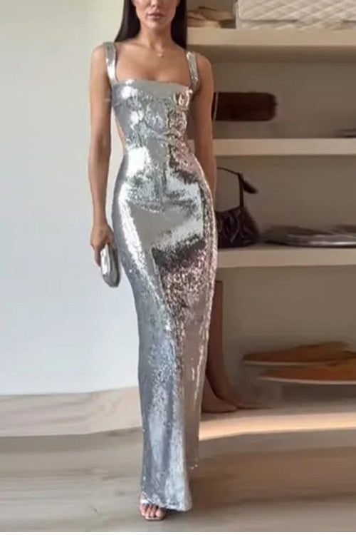Vestido largo de tirantes con lentejuelas