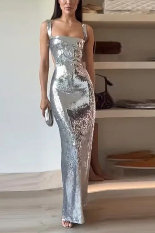Vestido largo de tirantes con lentejuelas