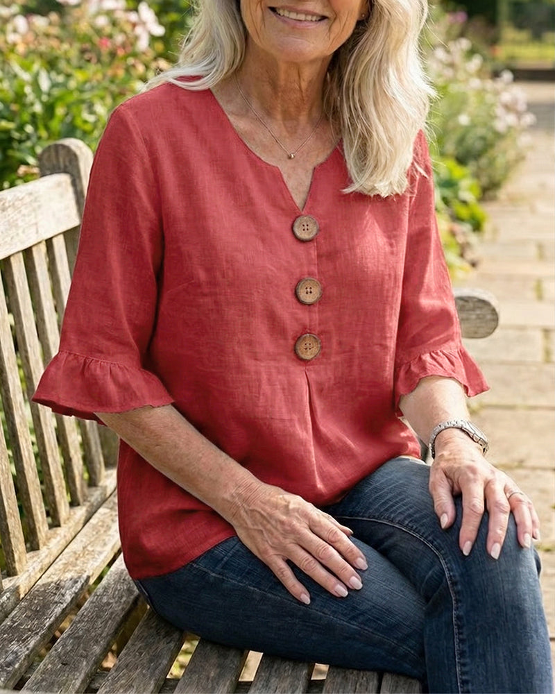 Sofía | Blusa de algodón y lino con botones efecto madera