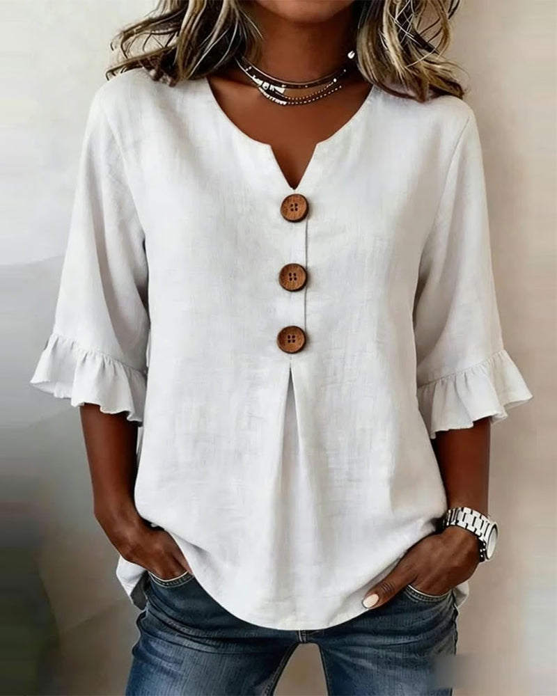 Sofía | Blusa de algodón y lino con botones efecto madera