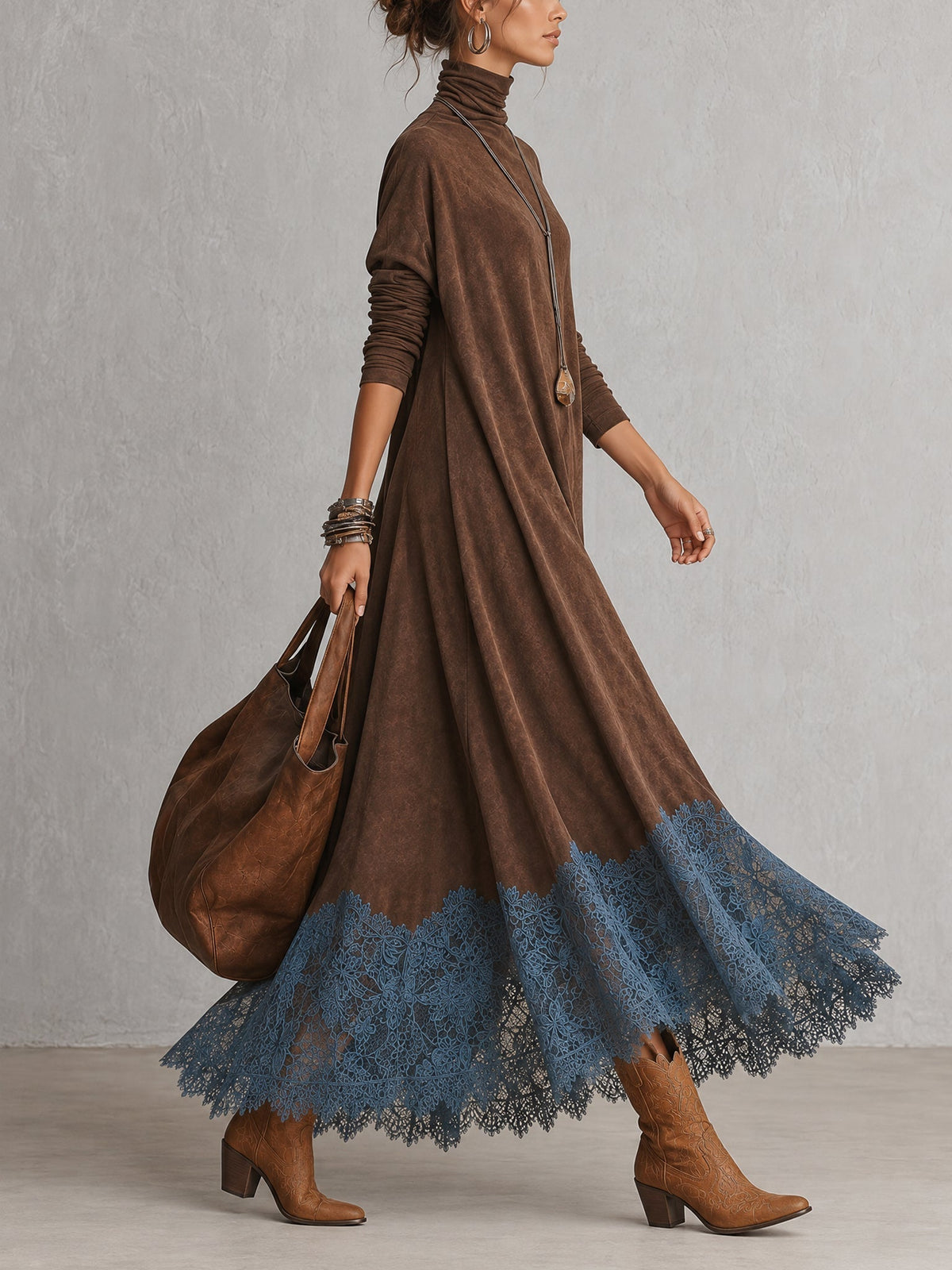 MARÍA | Vestido largo efecto ante con bajo de encaje