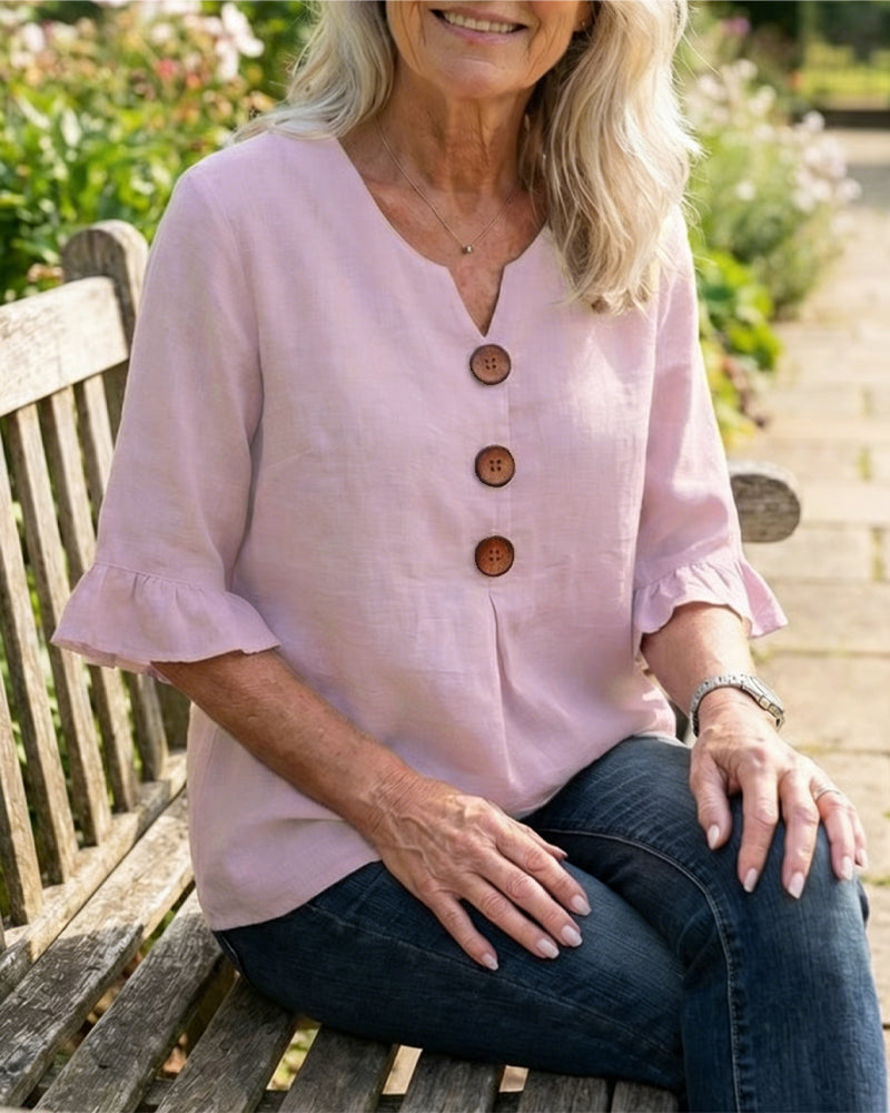 Sofía | Blusa de algodón y lino con botones efecto madera