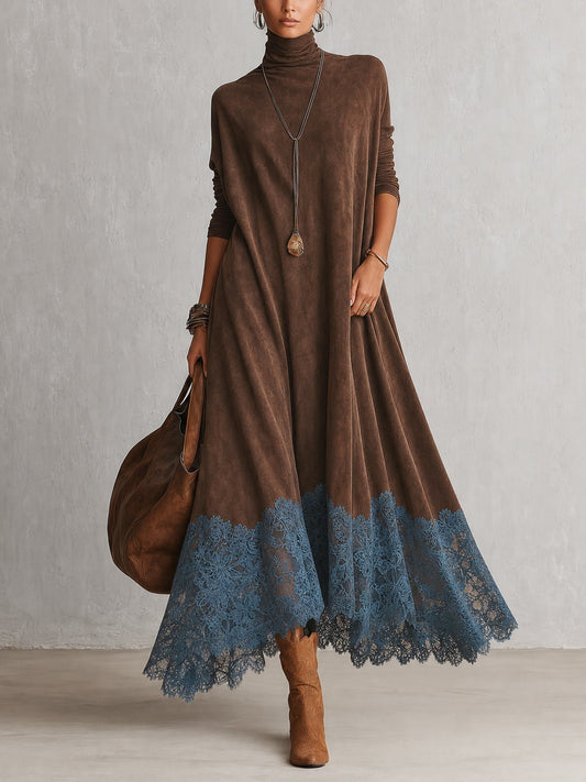 MARÍA | Vestido largo efecto ante con bajo de encaje