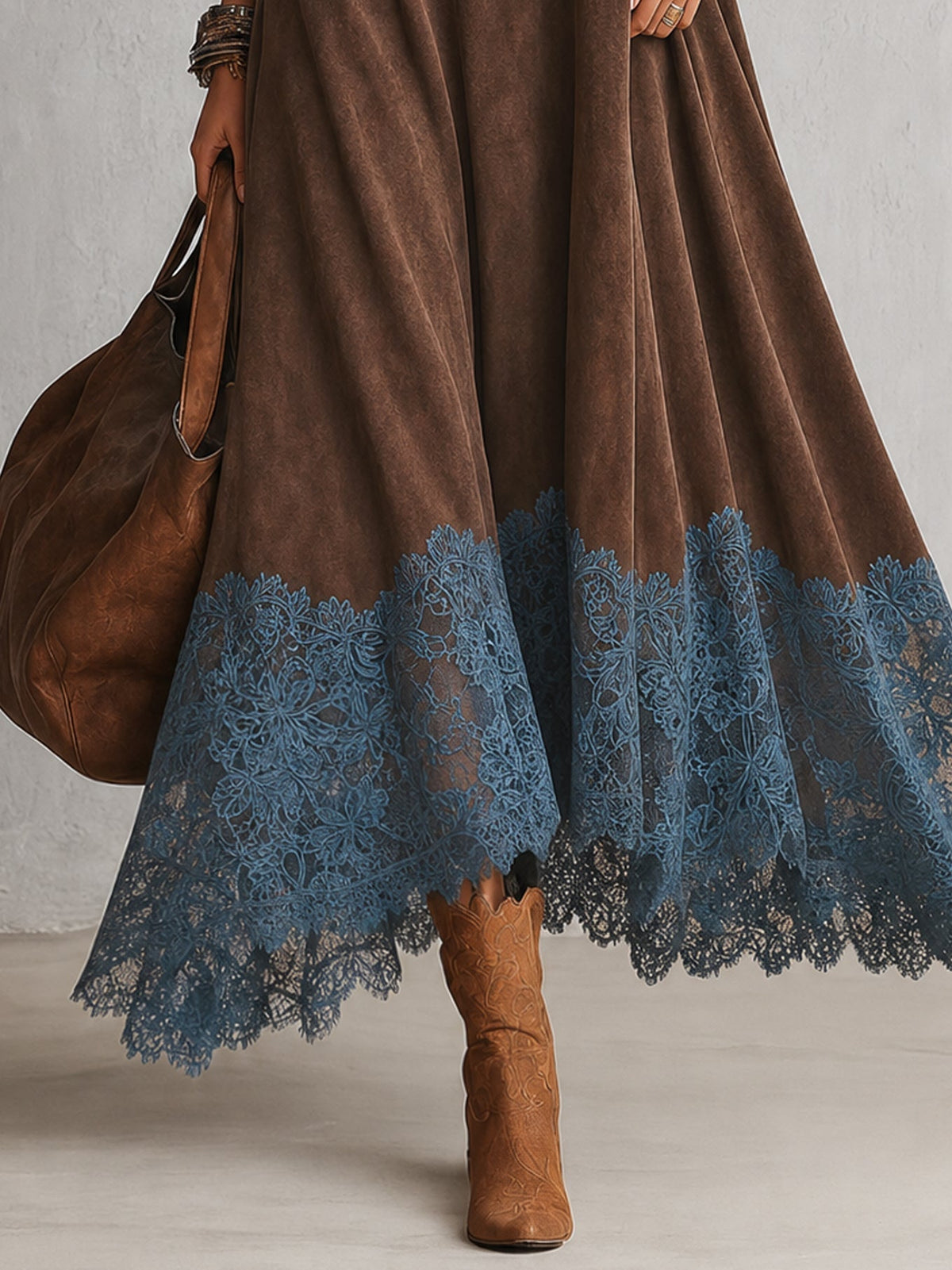 MARÍA | Vestido largo efecto ante con bajo de encaje