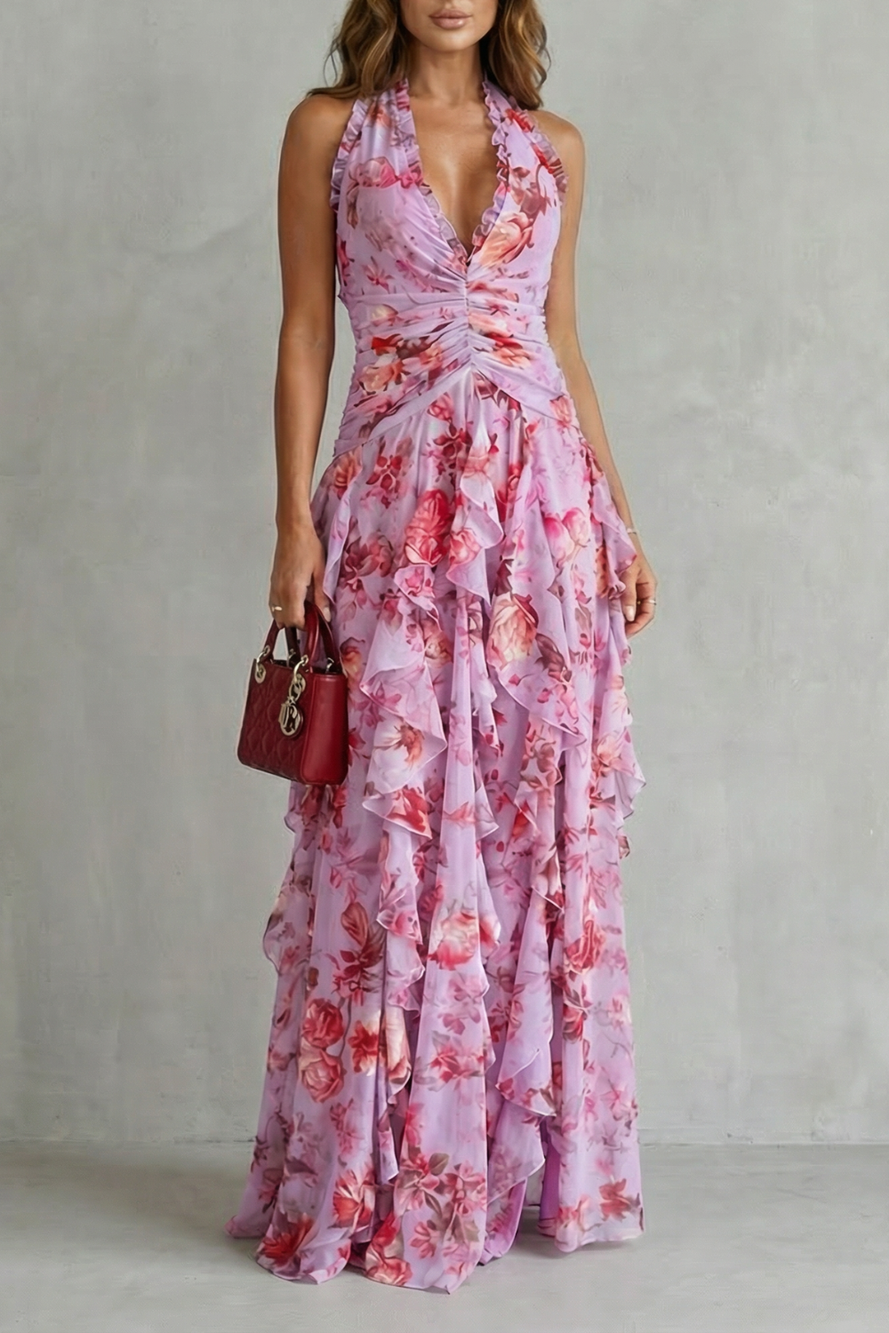 Belladina | Vestido largo halter con estampado de rosas