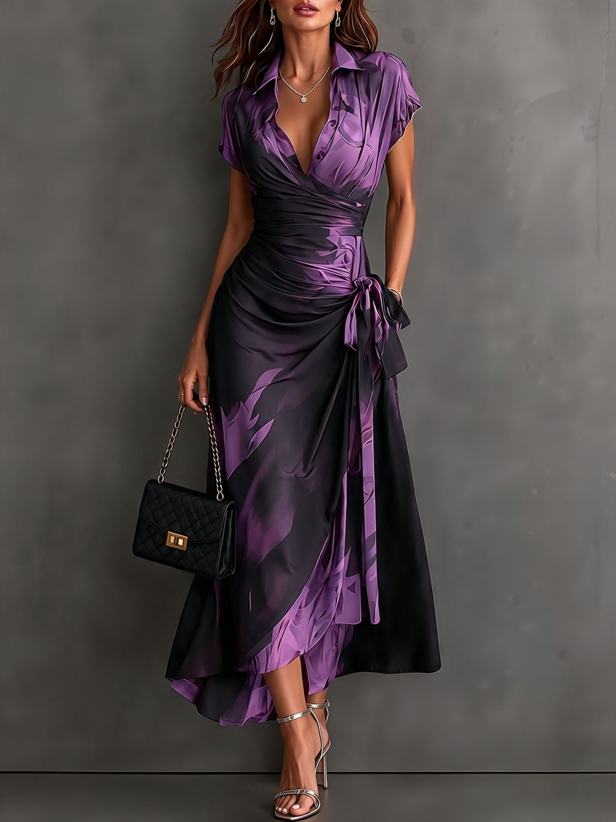 Vestido midi cruzado rojo y negro con volantes