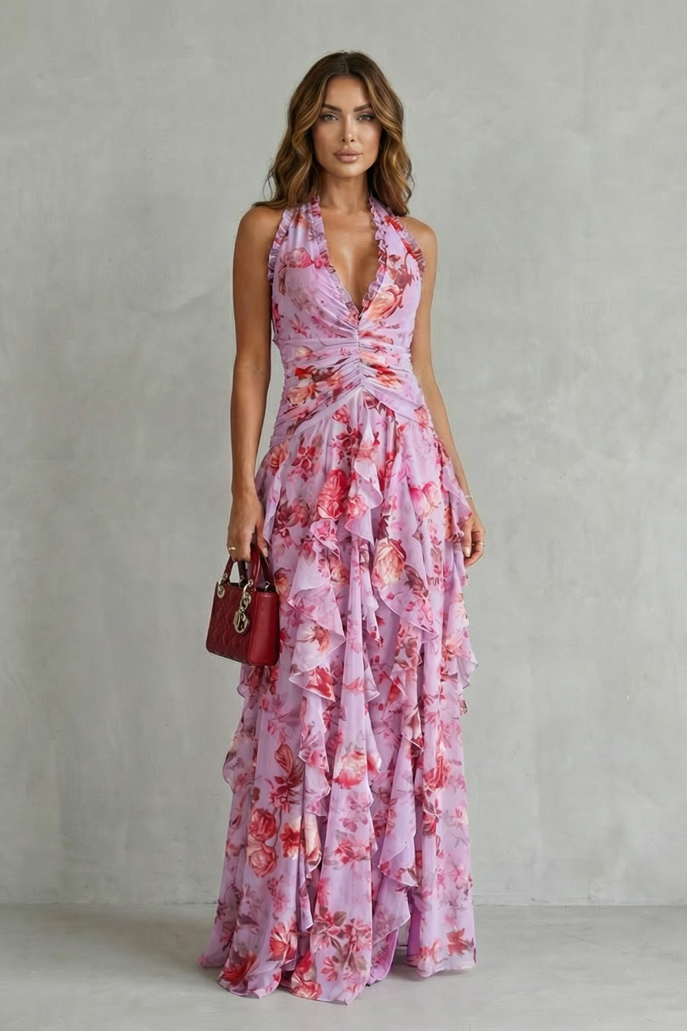 Belladina | Vestido largo halter con estampado de rosas
