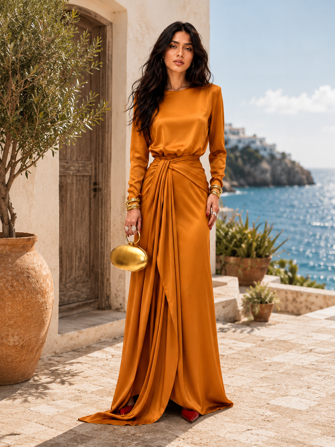 Vestido largo de satén drapeado