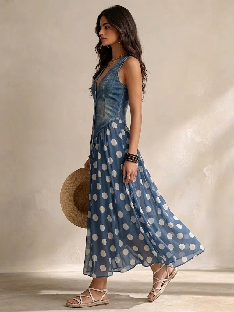 Adelina | Vestido largo efecto denim de lunares