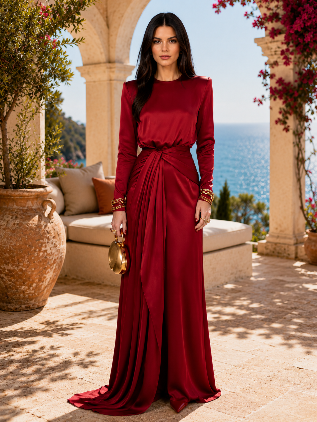 Vestido largo de satén drapeado