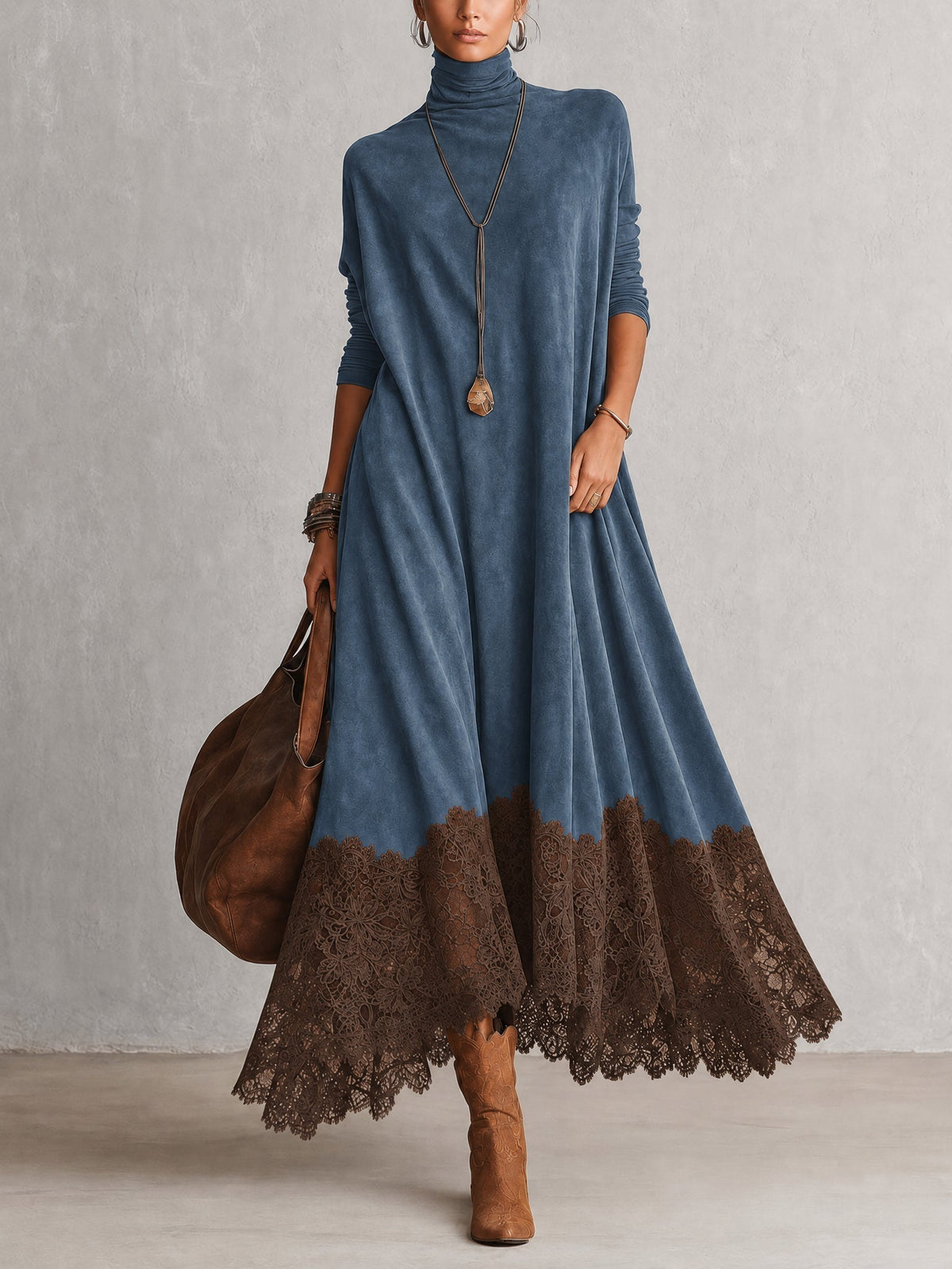 MARÍA | Vestido largo efecto ante con bajo de encaje