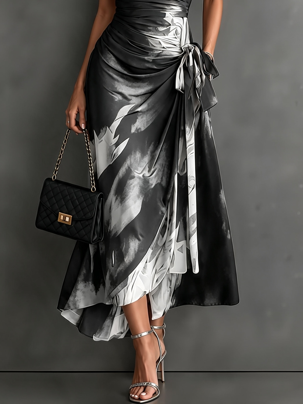 Vestido midi cruzado rojo y negro con volantes