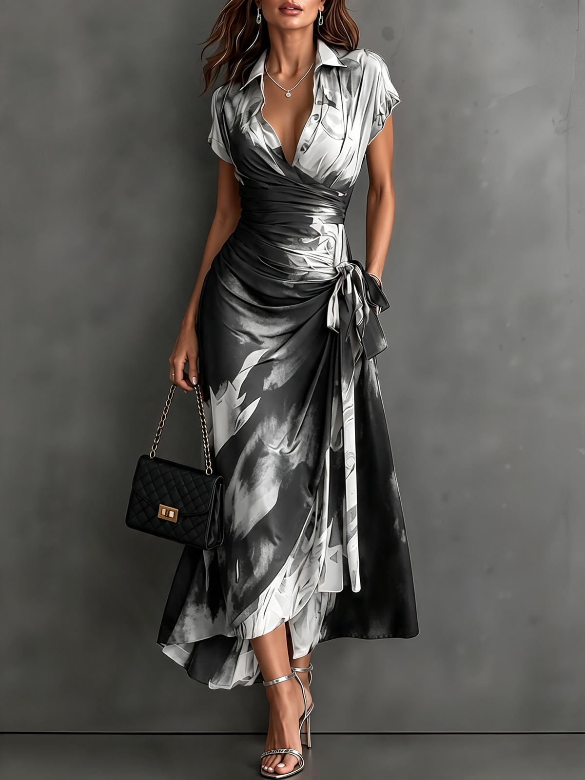 Vestido midi cruzado rojo y negro con volantes