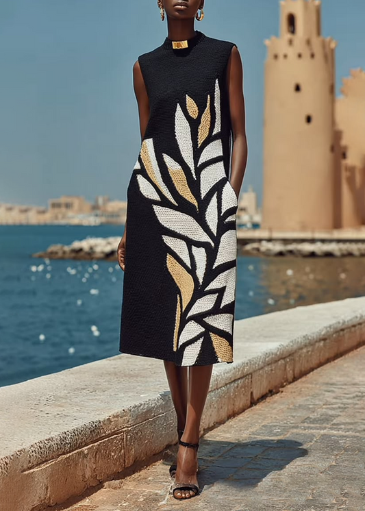 Vestido midi negro estampado sin mangas