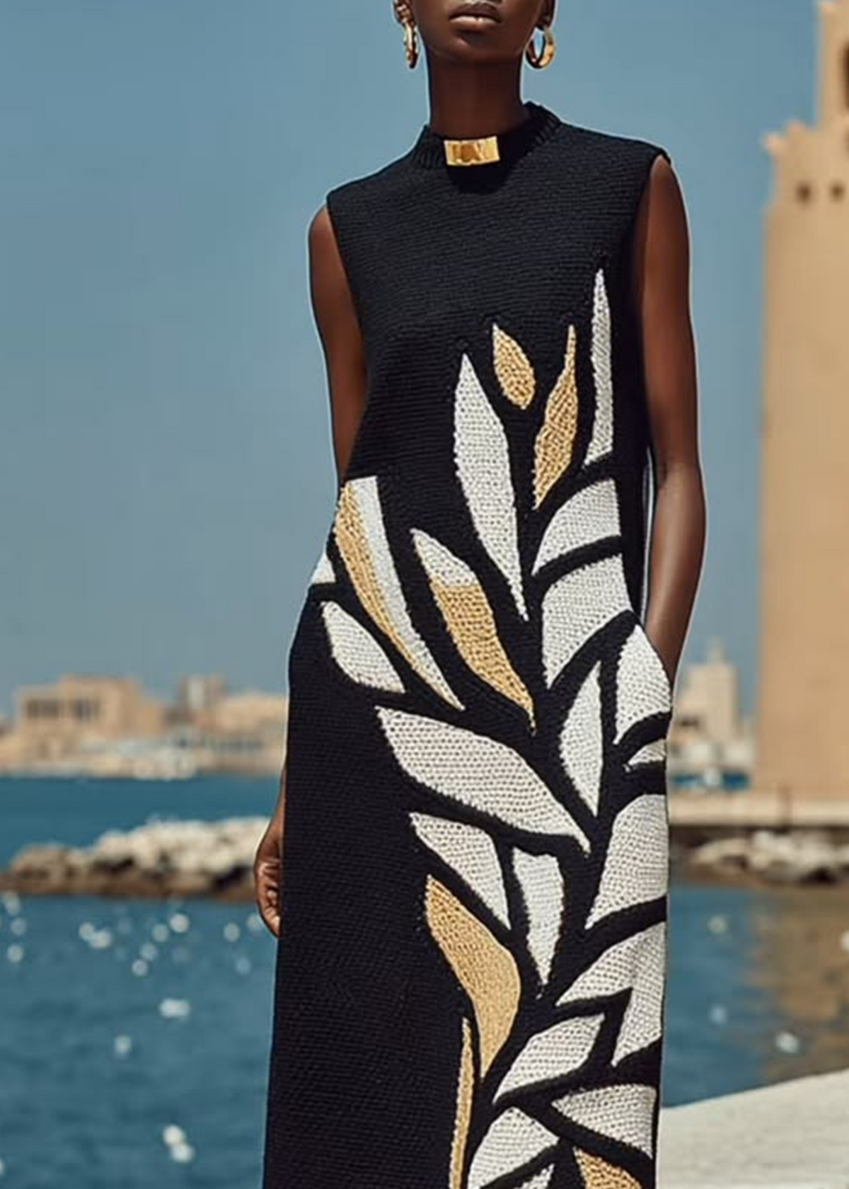 Vestido midi negro estampado sin mangas