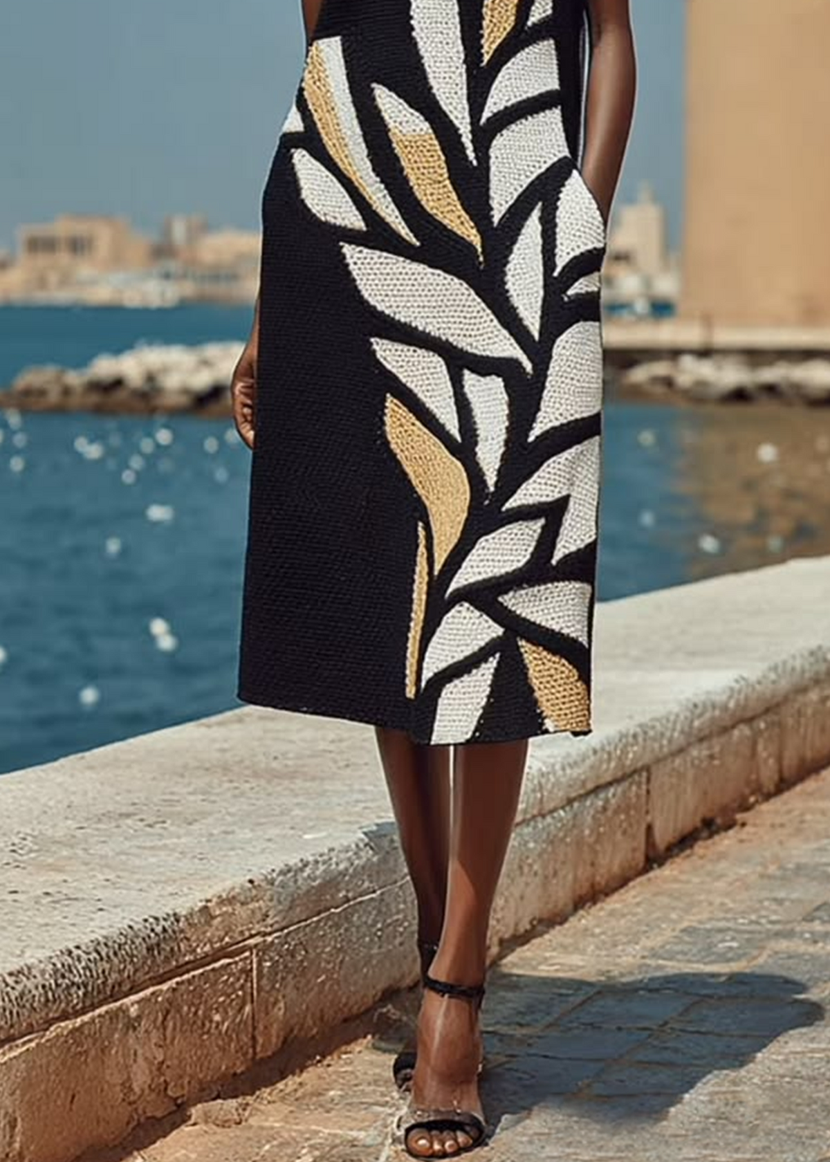 Vestido midi negro estampado sin mangas