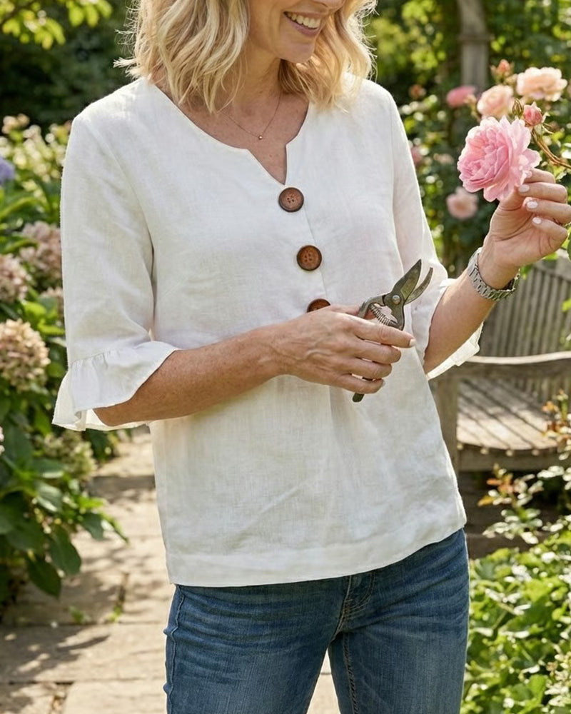 Sofía | Blusa de algodón y lino con botones efecto madera