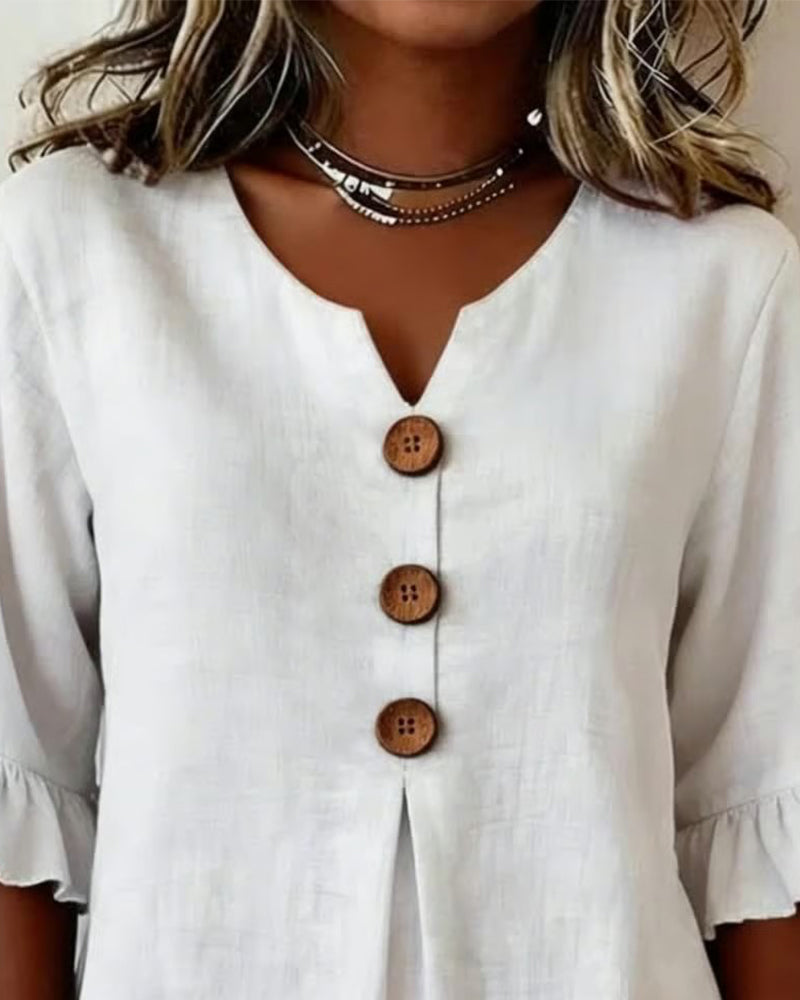 Sofía | Blusa de algodón y lino con botones efecto madera