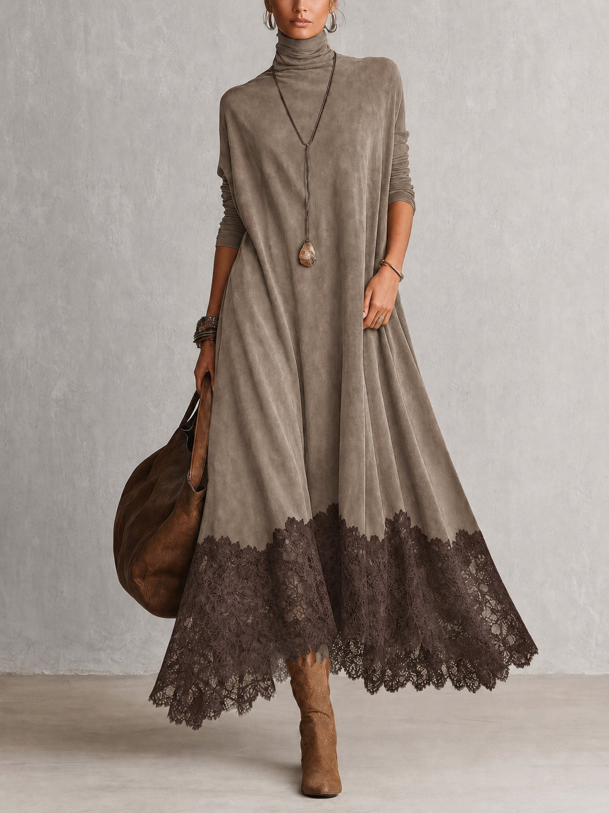 MARÍA | Vestido largo efecto ante con bajo de encaje