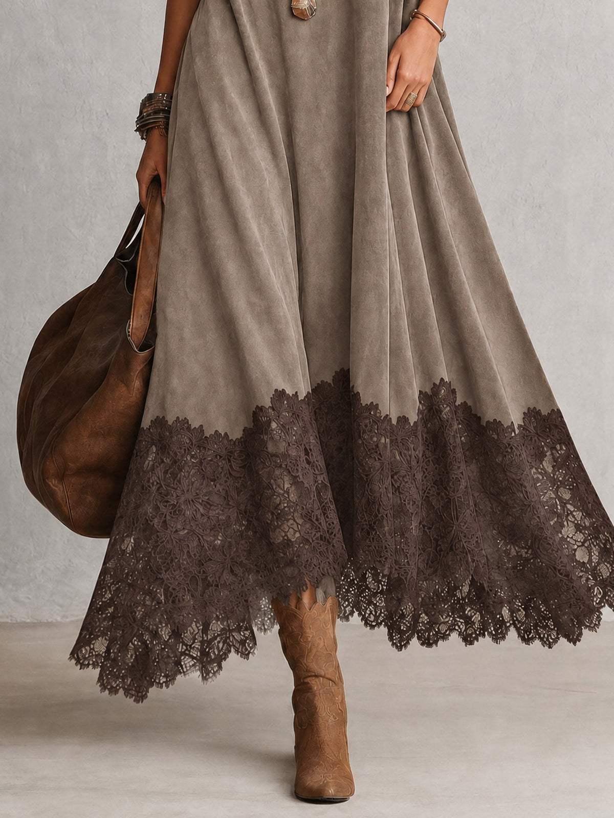 MARÍA | Vestido largo efecto ante con bajo de encaje