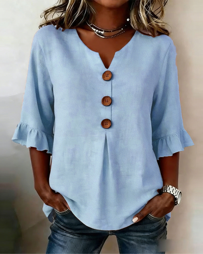 Sofía | Blusa de algodón y lino con botones efecto madera