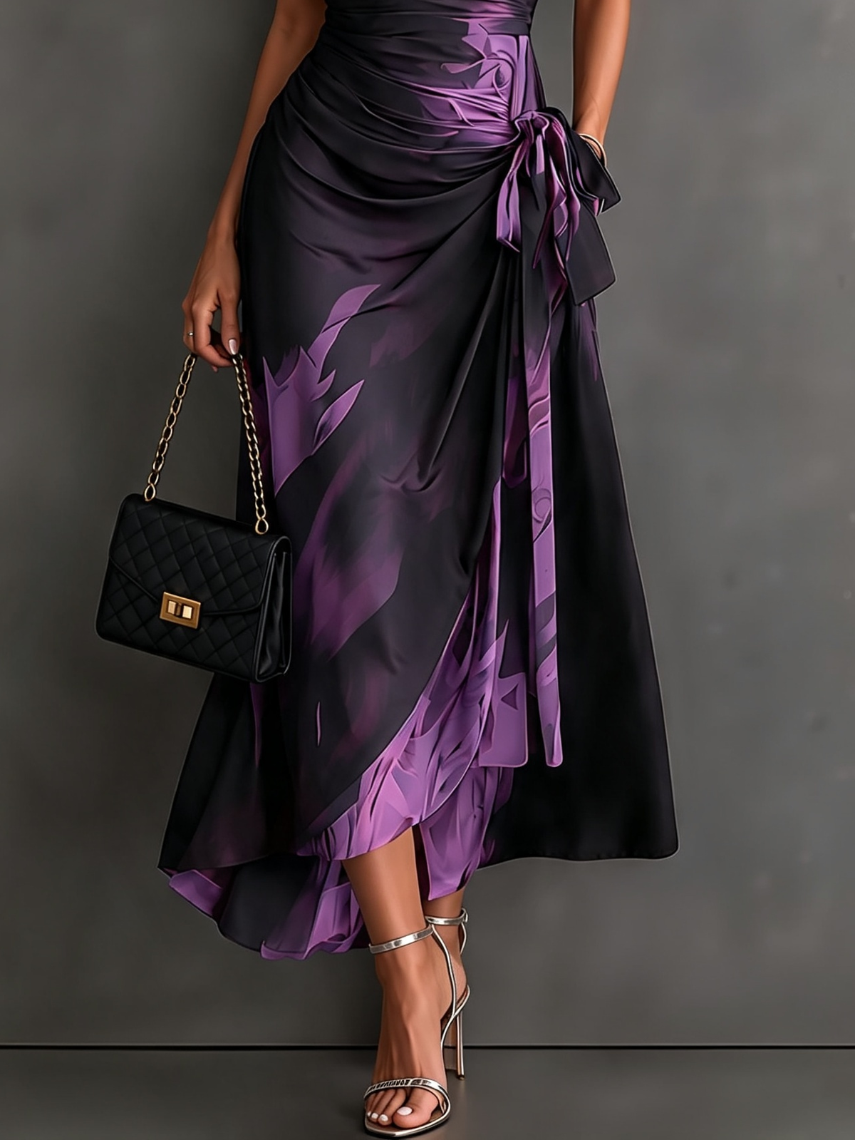Vestido midi cruzado rojo y negro con volantes