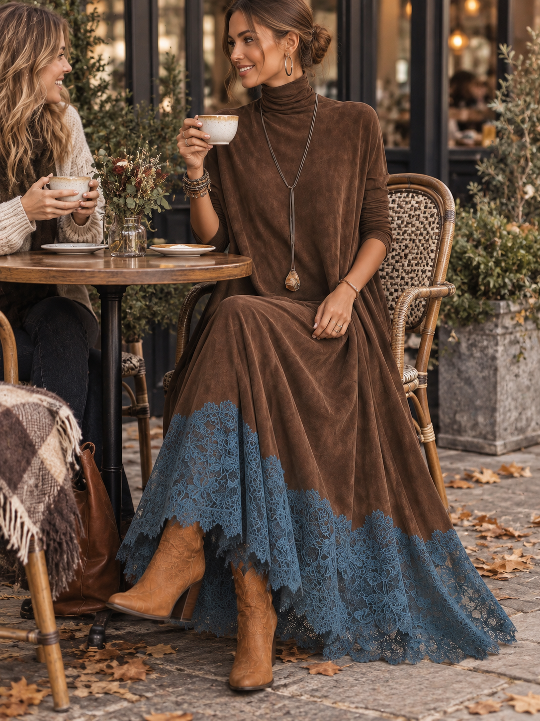 MARÍA | Vestido largo efecto ante con bajo de encaje