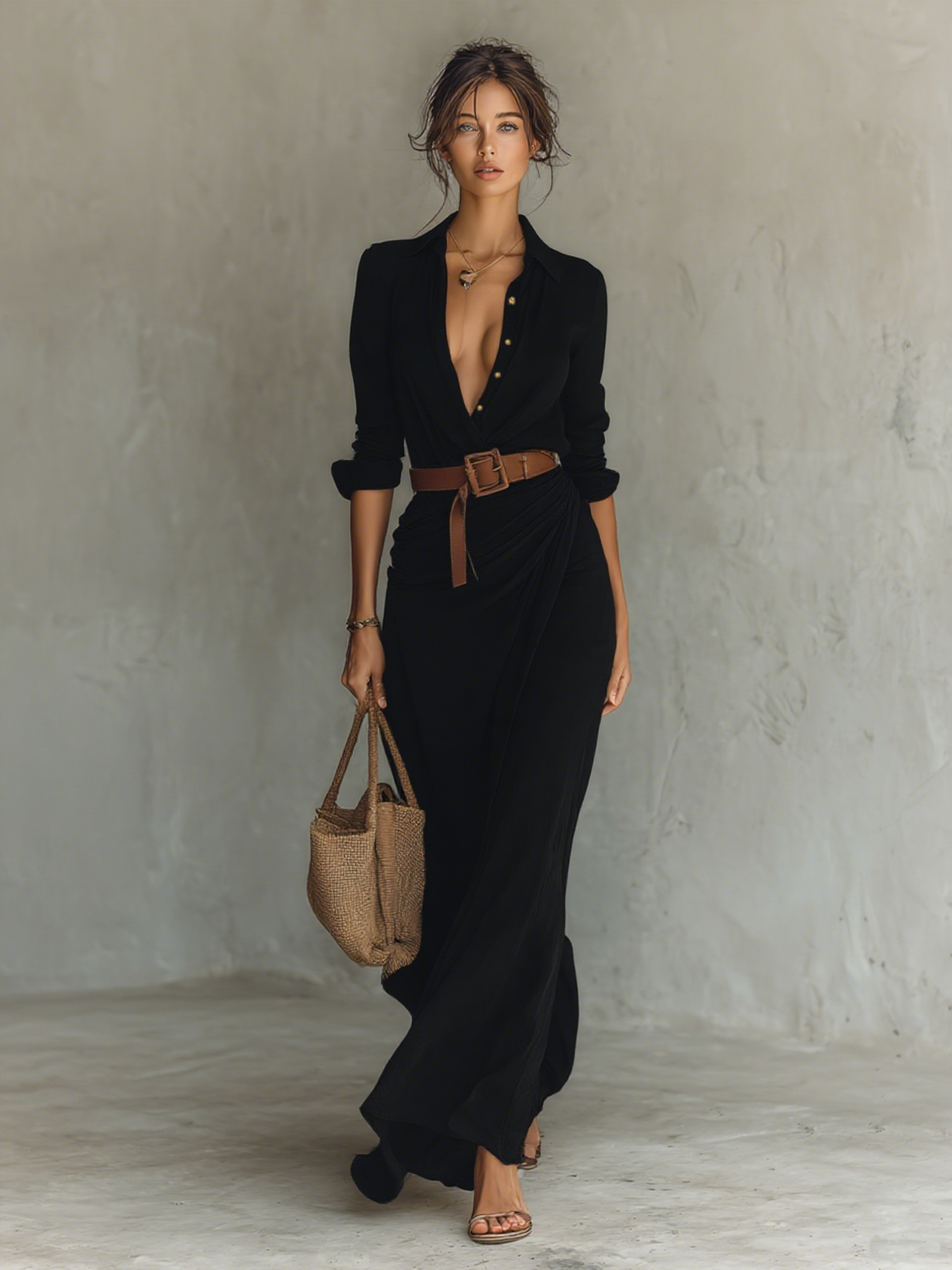 Vestido largo de lino con cuello de solapas