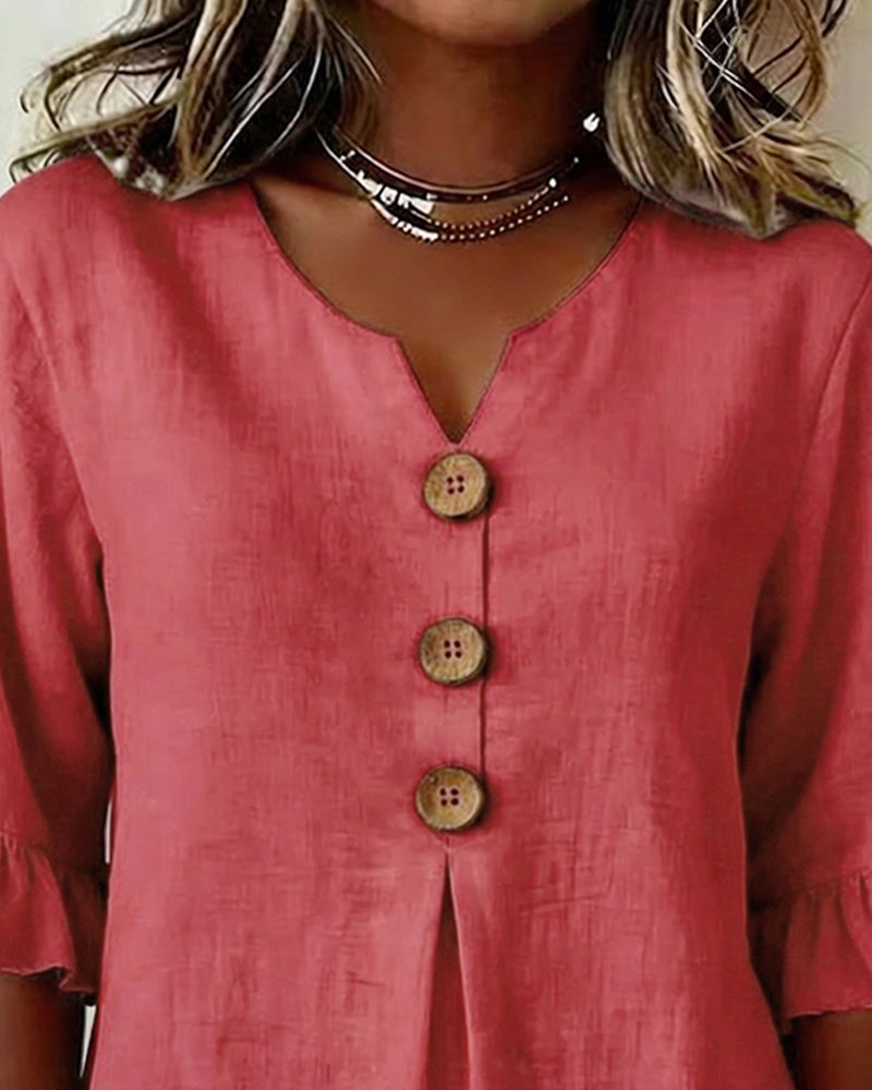 Sofía | Blusa de algodón y lino con botones efecto madera