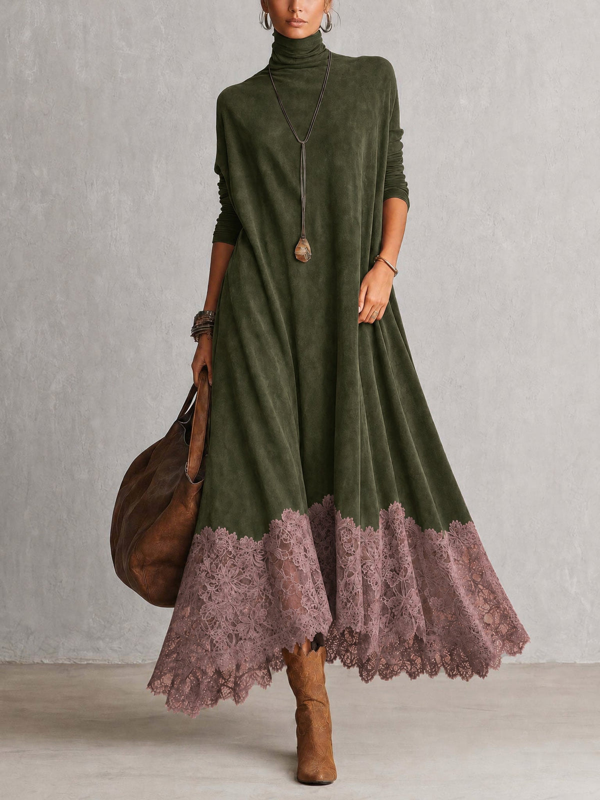MARÍA | Vestido largo efecto ante con bajo de encaje