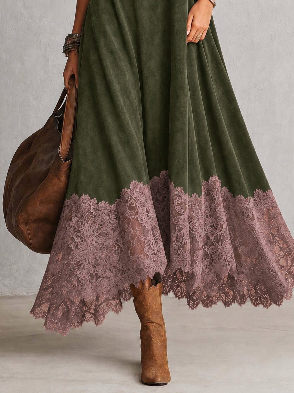 MARÍA | Vestido largo efecto ante con bajo de encaje