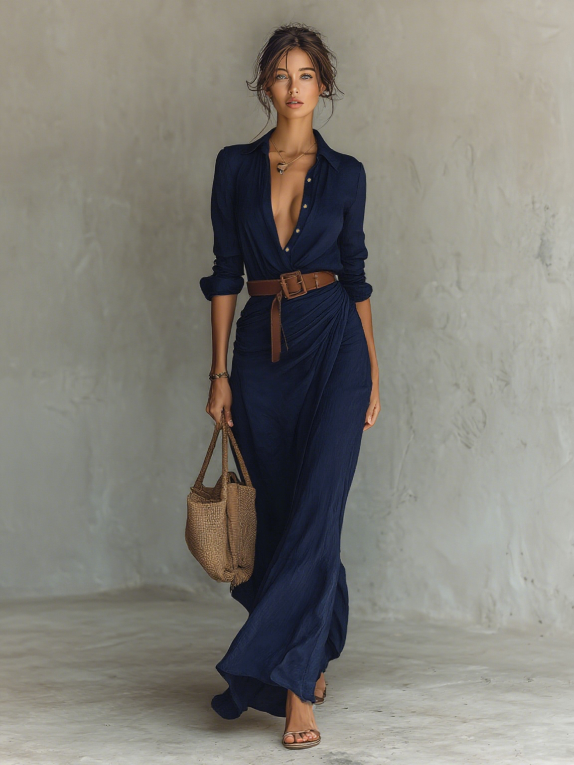 Vestido largo de lino con cuello de solapas