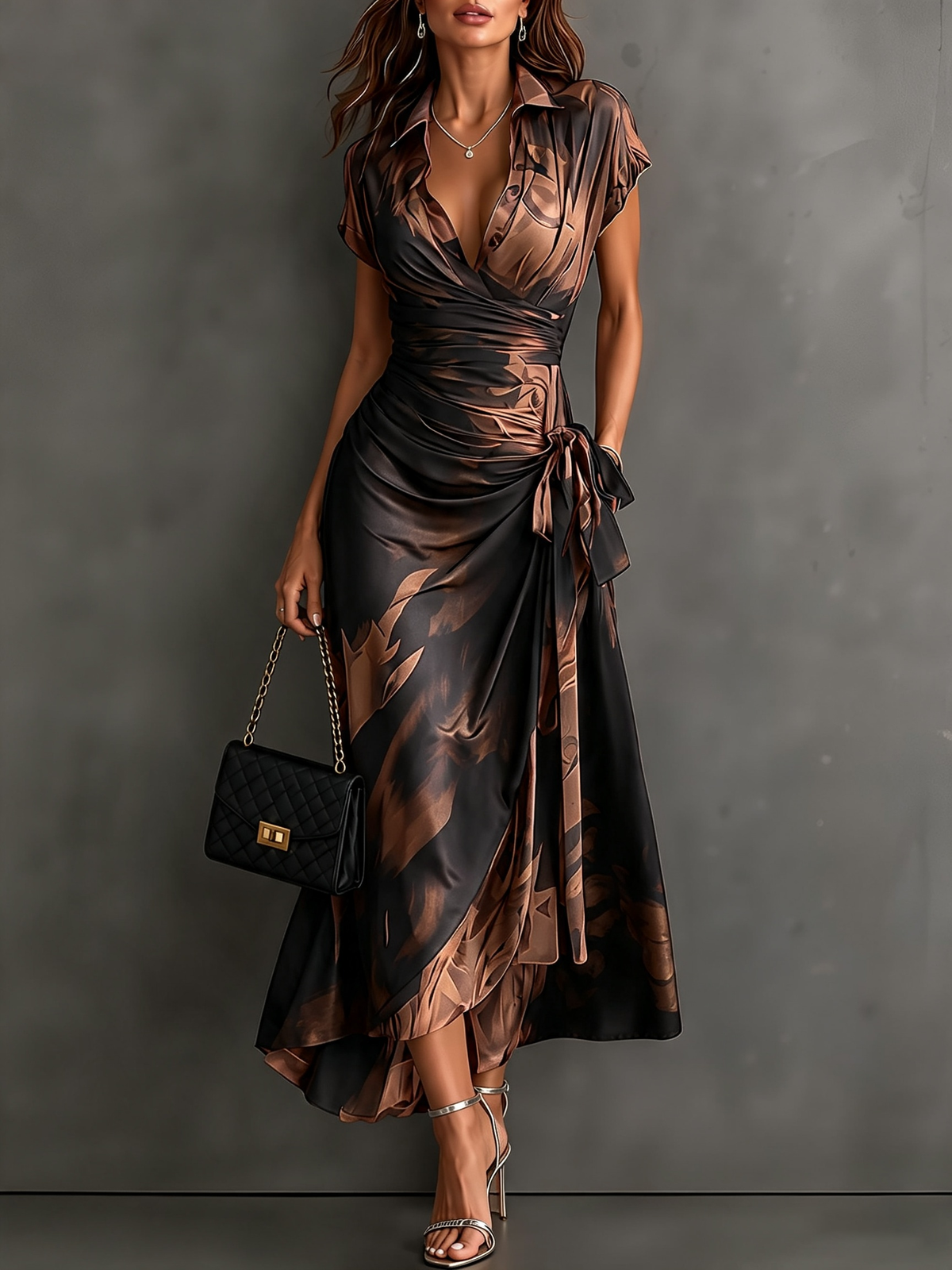 Vestido midi cruzado rojo y negro con volantes