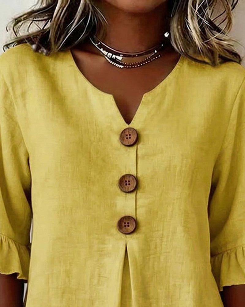Sofía | Blusa de algodón y lino con botones efecto madera
