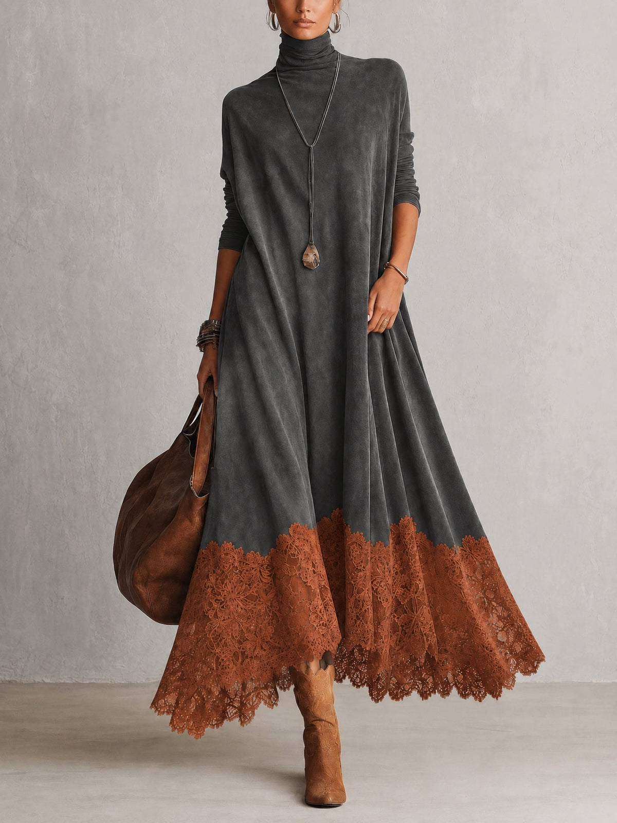 MARÍA | Vestido largo efecto ante con bajo de encaje