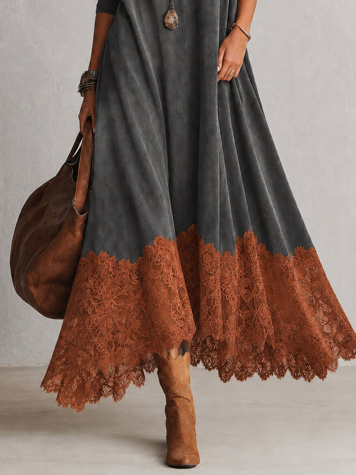 MARÍA | Vestido largo efecto ante con bajo de encaje