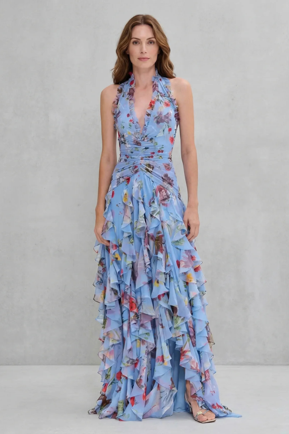Belladina | Vestido largo halter con estampado de rosas