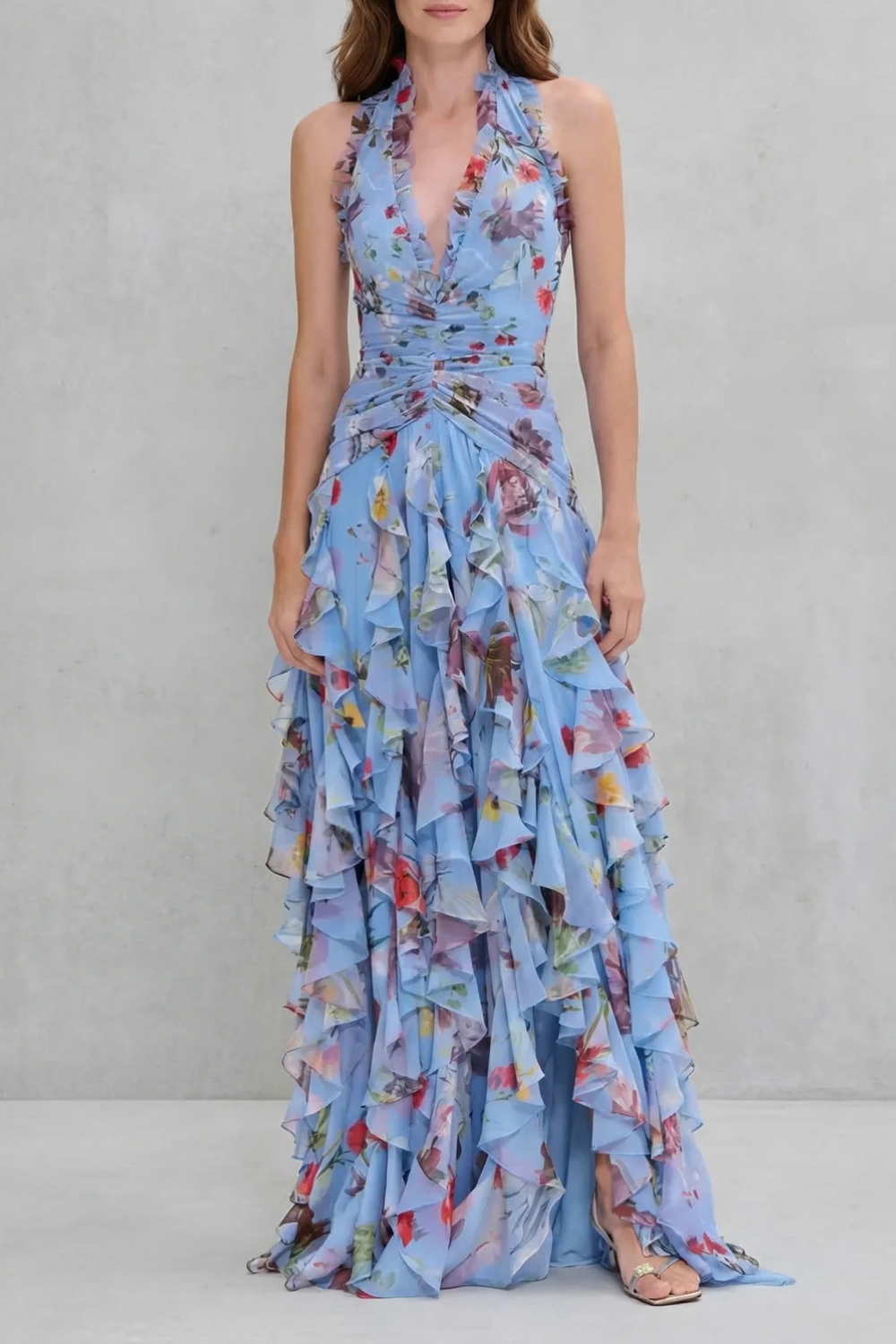 Belladina | Vestido largo halter con estampado de rosas
