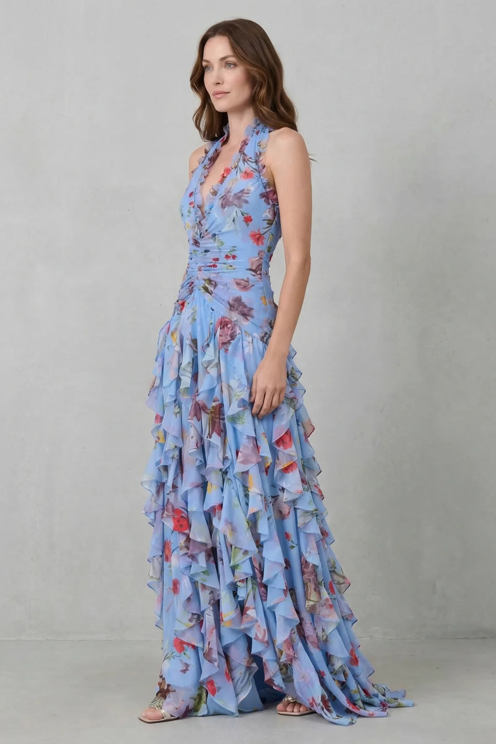 Belladina | Vestido largo halter con estampado de rosas