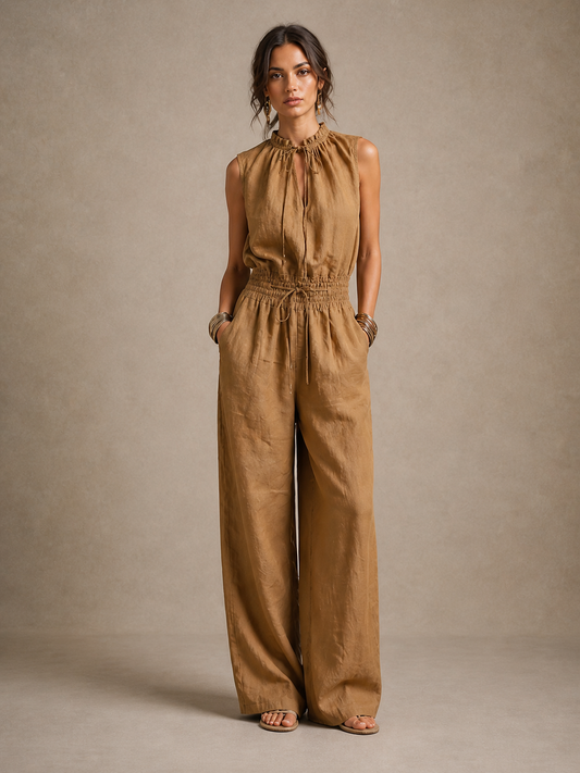Alejandra | Mono color camel de cuello alto y pantalón ancho