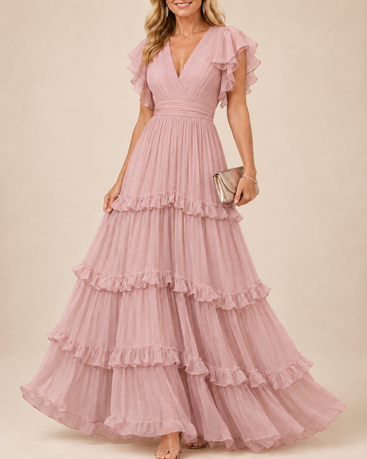 Rosalía | Vestido largo rosa empolvado con volantes