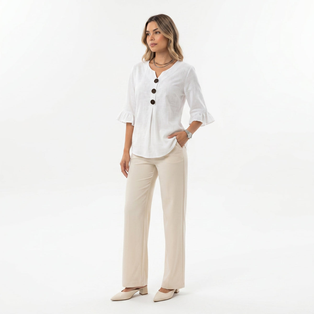 Sofía | Blusa de algodón y lino con botones efecto madera