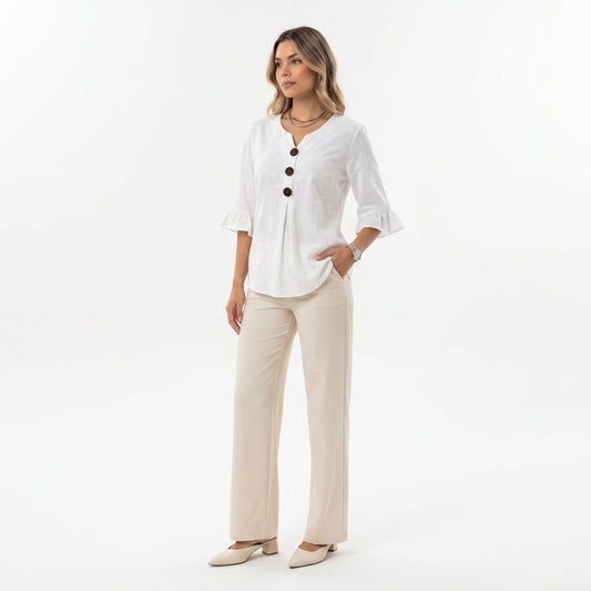 Sofía | Blusa de algodón y lino con botones efecto madera