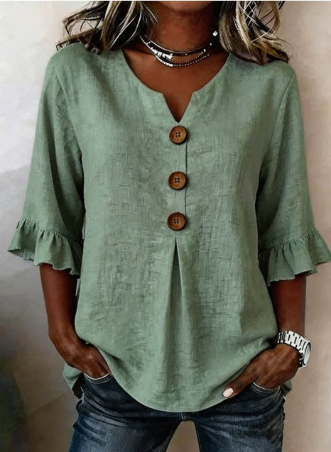 Sofía | Blusa de algodón y lino con botones efecto madera