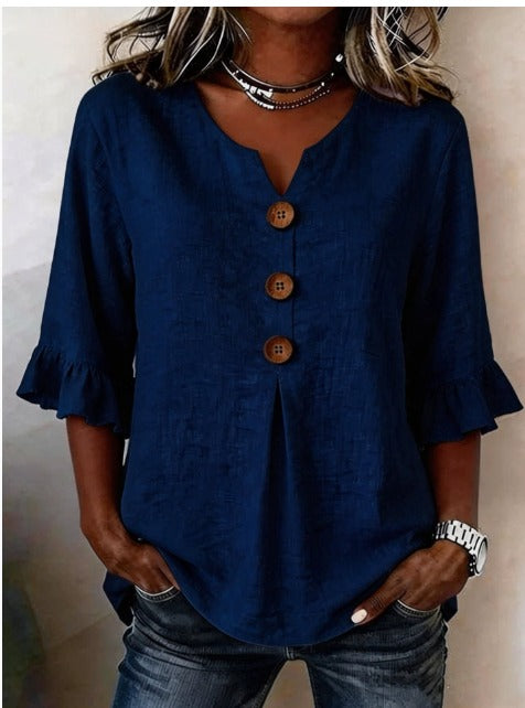 Sofía | Blusa de algodón y lino con botones efecto madera